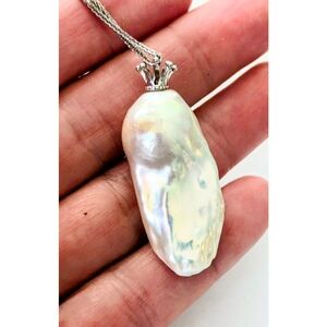 Huge 36x15 Iridescent BAROQUE BIWA AAA PEARL Sterling Silver Chain Necklace 18"